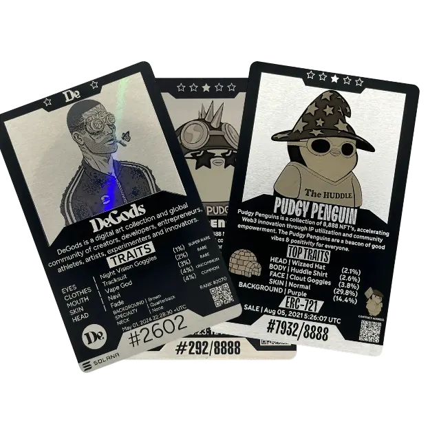 Front design of a customs NFT metal trading cards showcasing premium laser-engraved artwork and branding.