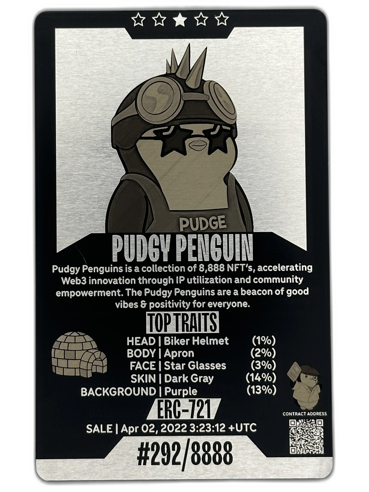 Pudgy Penguin #292 laser engraved metal trading card NFT collectible