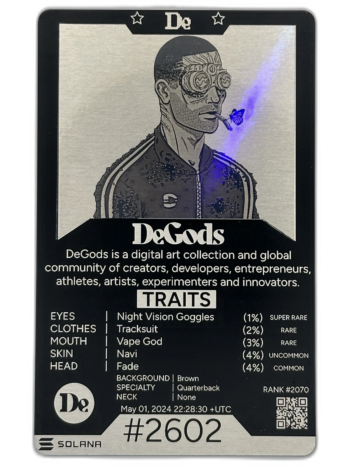DeGod #2602 laser engraved metal trading card NFT collectible