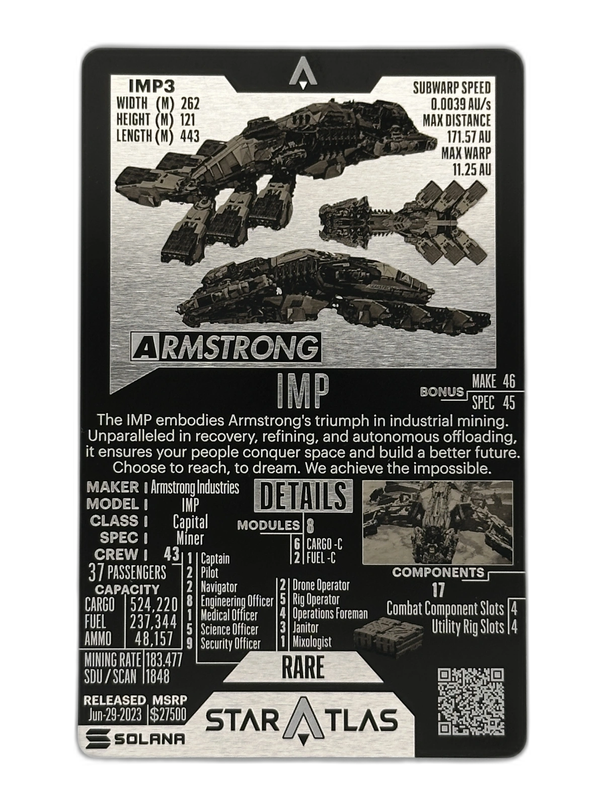 Armstrong IMP Metal Card front view showcasing mining ship details