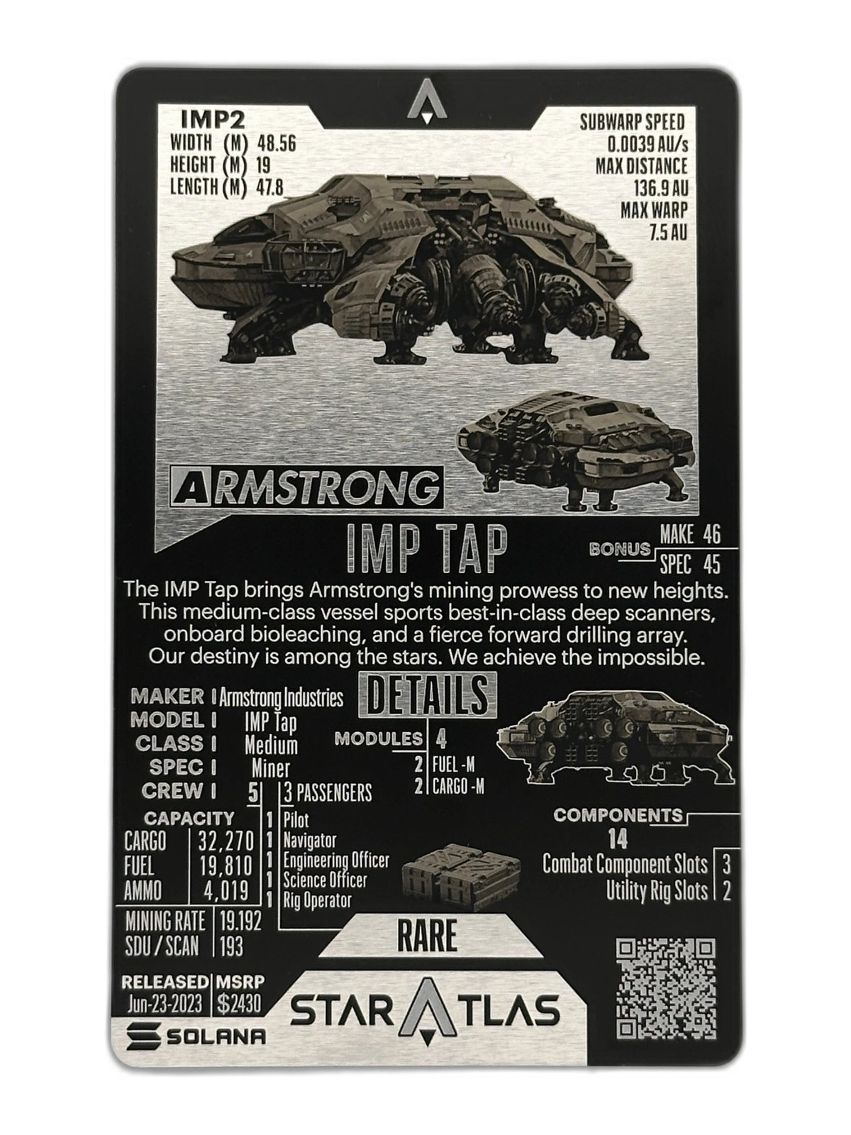 Armstrong Tap Metal Card front view showcasing mining ship details