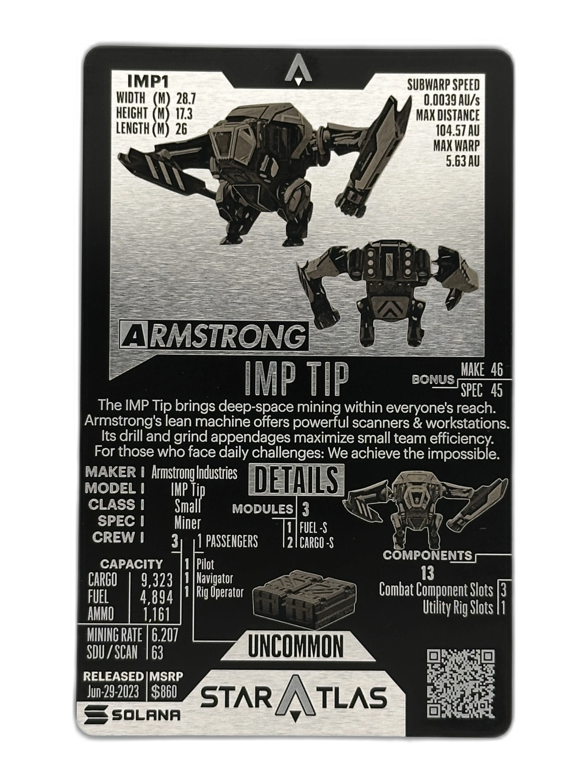 Armstrong Tip Metal Card front view showcasing mining ship details